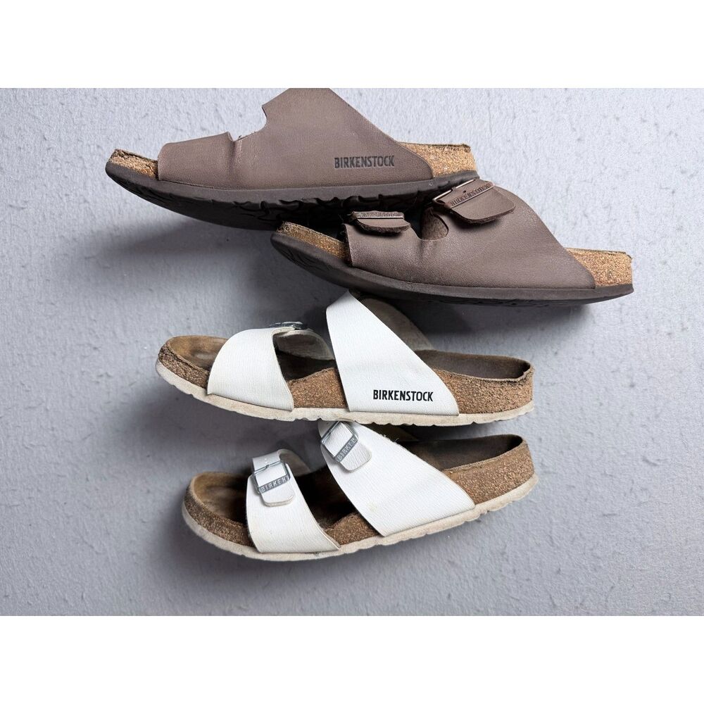 Birkenstock Dual Buckle Strap Sandal White Brown Size 9W 7M Slide Cork Women Men
